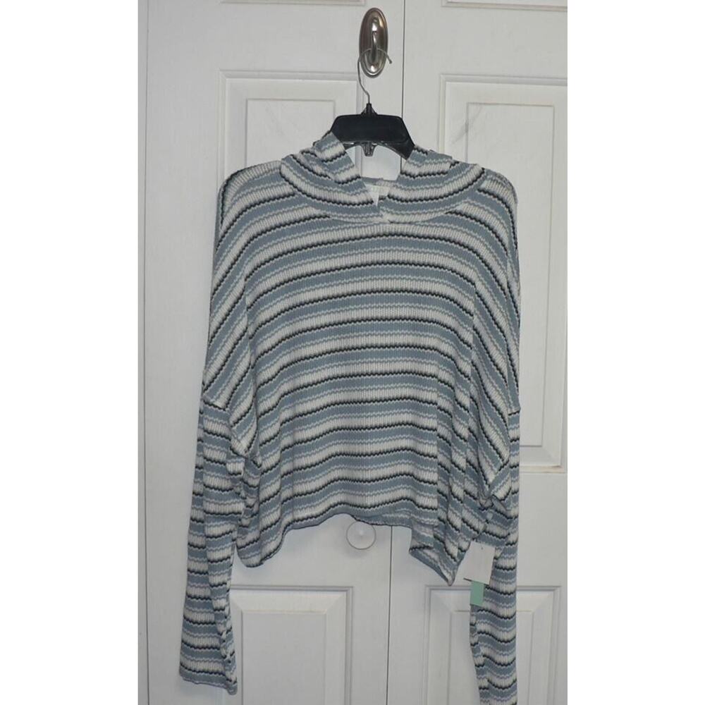 Abound Women's Long Sleeve Lightweight Oversized Crop Knit Hoodie Blue Stripe XL